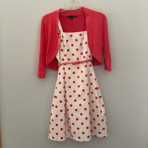 Polka dot dress and salmon sweater combo
